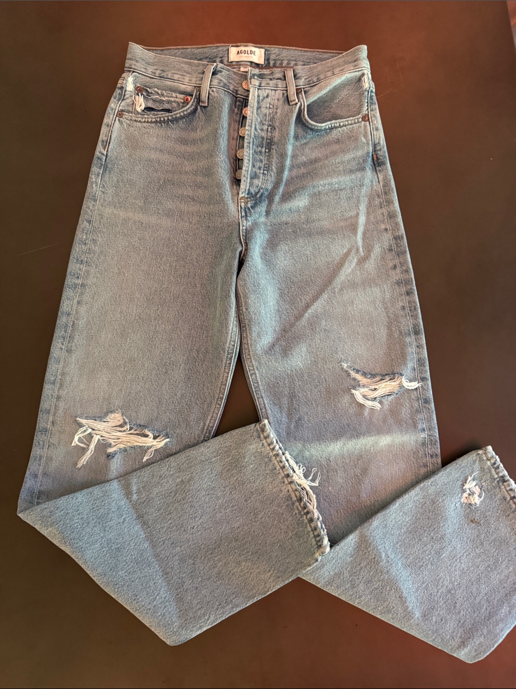 Agolde Light Blue Distressed Button-Fly Straight Jeans